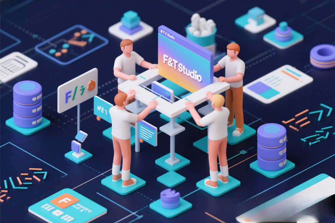 Team F&T Studio sedang bekerja di ruang kerja modern dengan perangkat komputer dan whiteboard penuh sketsa desain website