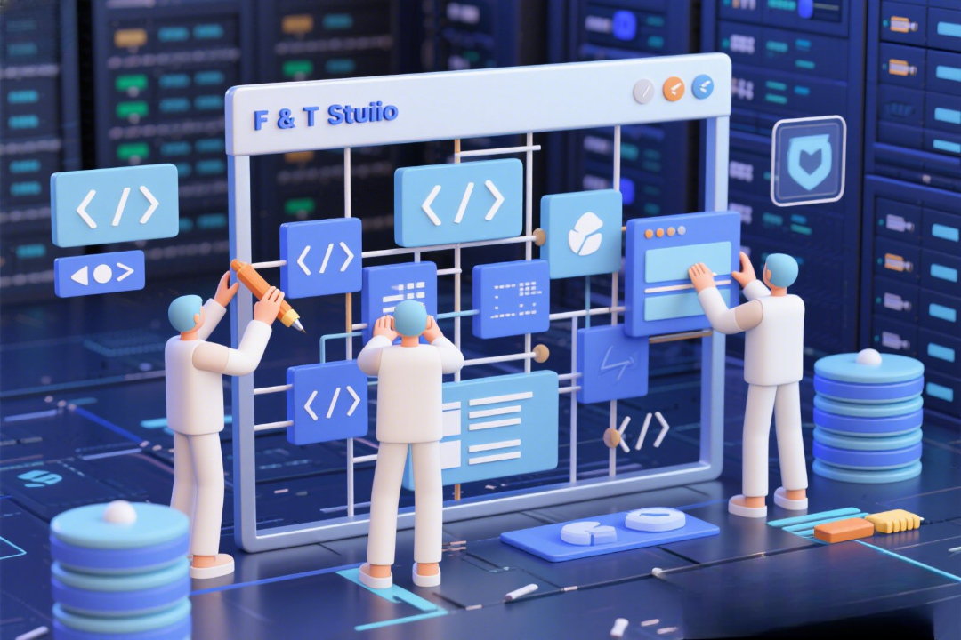 Tim profesional F&T Studio sedang melakukan brainstorming di ruang meeting dengan laptop dan monitor besar menampilkan desain website